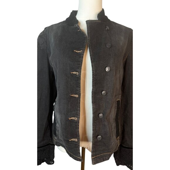 2/$30 Express Size 7/8 Black Denim Jacket With Lace Cuffs & Collar - Picture 1 of 16